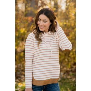 Doe & Rae Women's Cream and Brown Striped Hoodie with Elbow Patches and Trim- XL